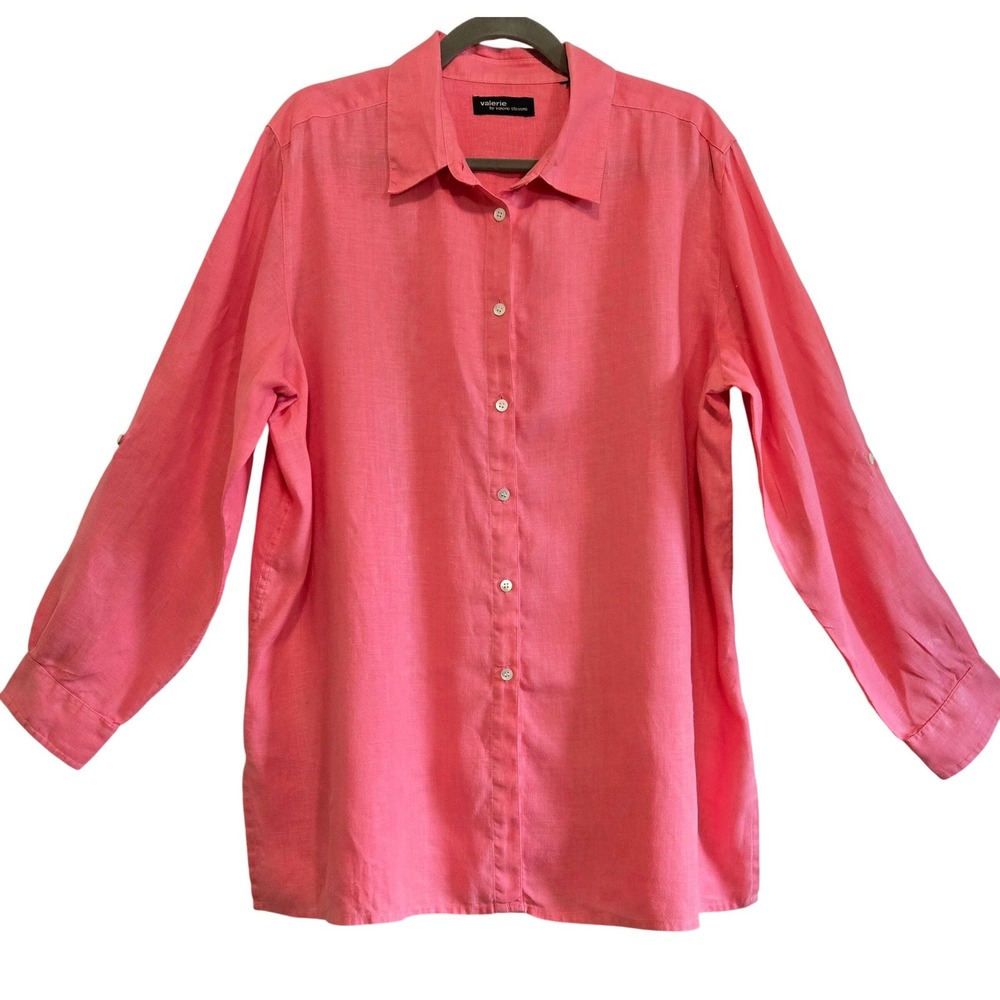 Valerie Stevens Lagenlook Pink Linen Button Down Roll Tab Sleeve Shirt Women 2X